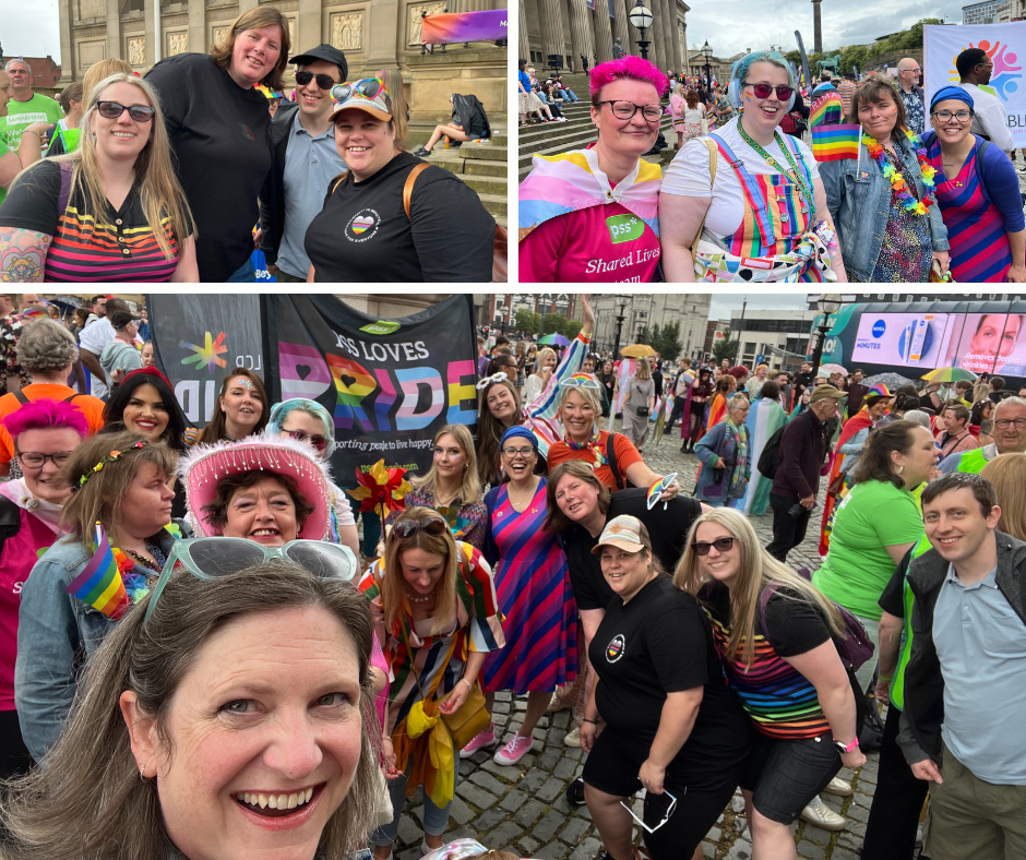 A collage of three photos each one shows different PSS people smiling and cheering and wearing brightly coloured and rainbow clothes and accessories to show their support for the LGBTQIA+ community