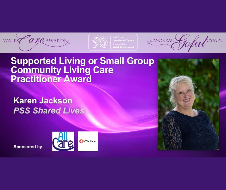 An image of the screen that announced Karen Jackson as the winner of the supported living or small group community care practitioner award