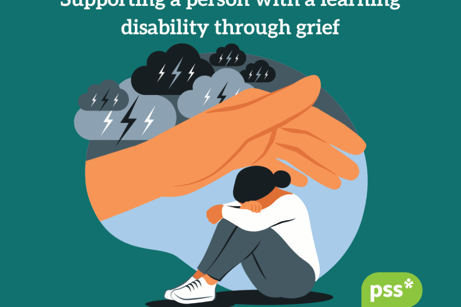 The image is a digital animation style graphic, showing a person sat with their head in their arms and a loving had over them, shielding the person from a storm